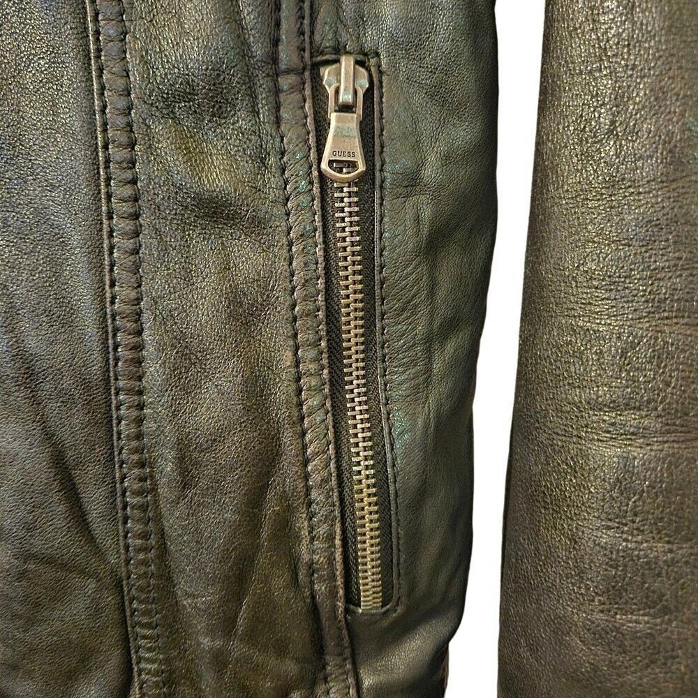 GUESS Womens Vintage Leather Jacket Zipper Pockets Black Size Small - Picture 7 of 9
